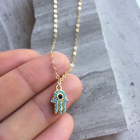 14K/Ster. Turquoise CZ Hamsa Charm Necklace - Picture 2 of 3